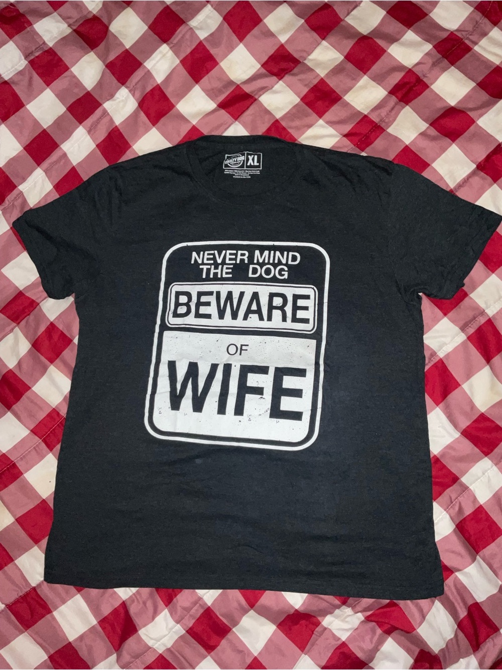 Crazy Dog T-Shirts - Beware of Wife Funny Novelty Tee - Size XL - Dark Grey